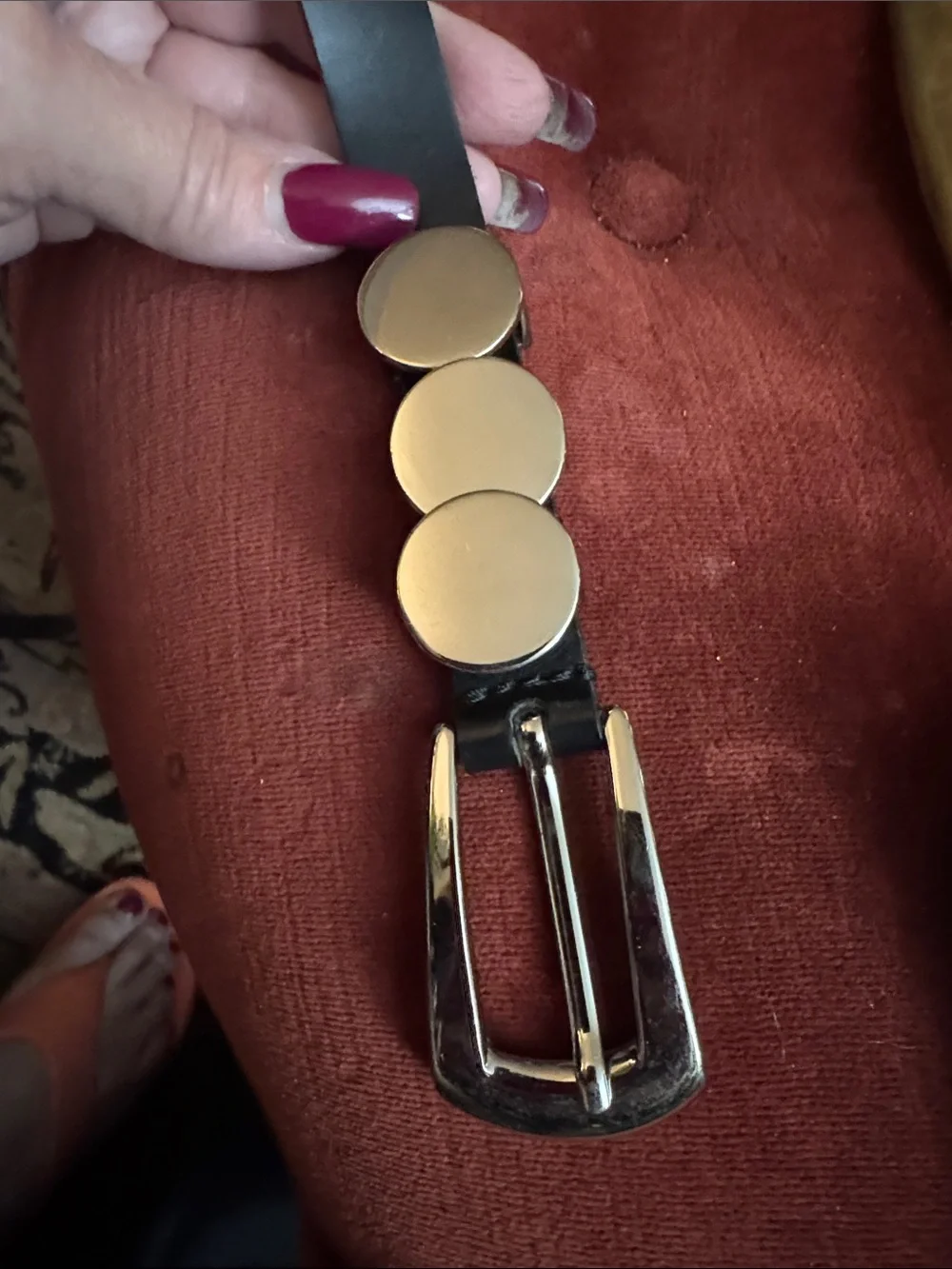 Source Unknown Black Leather Belt with Silver Disc Accents